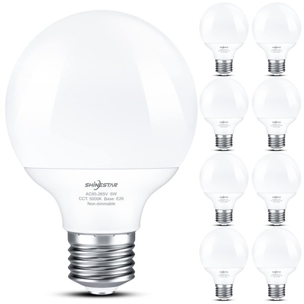 SHINESTAR 8-Pack Vanity Light Bulbs, Daylight 5000K, 60w Equivalent, G25 LED Globe Light Bulbs for Bathroom Mirror, 600LM, E26 Medium Base, Non-dimmable