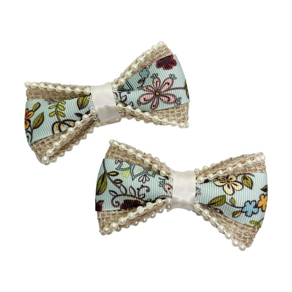 Handmade Multi Color Pearl Lined Floral Girls Hair Bow Set, Little Girl Bows, Pigtail Hair Bows, Toddler Hair Bows,