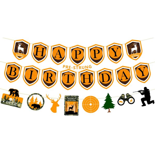 Hiyimipty Pre-Strung Hunting Birthday Party Decorations, NO DIY Happy Birthday Banner Deer Hunting Party Banner, Gone Hunting Camo Birthday Party Supplies