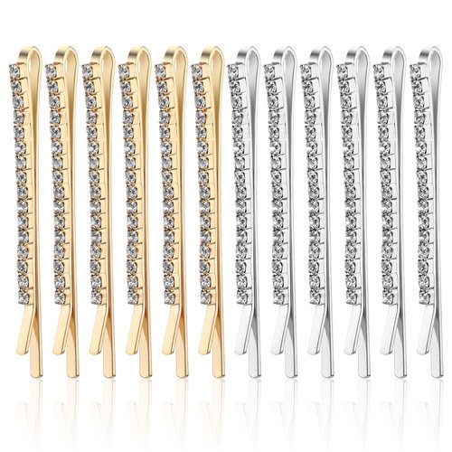 12 PCS Rhinestone Bobby Pins Set Delicate Decorative Silver Gold Fancy Crystal Hair Clips Shiny Rhinestone Barrettes Diamond Hair Accessories for Women Ladies Girls Wedding Prom Party