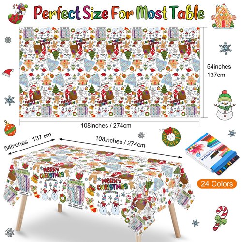 Faccito Giant Christmas Coloring Tablecloth 108 x 54 Inch Christmas Paper Table Cover with 24 Color Crayons Christmas Coloring Poster Activity Disposable Table Cloth for Kids Holiday Party Decor