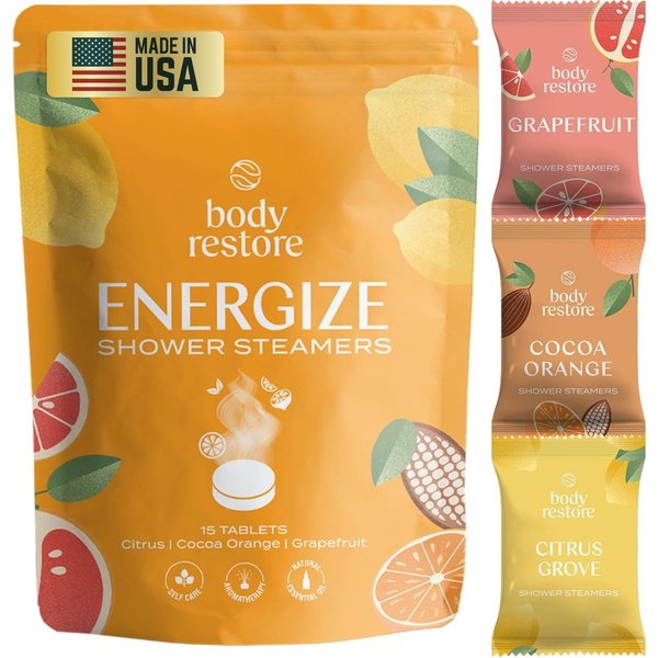 Body Restore Shower Steamers Aromatherapy 15 Pack - Relaxation Birthday Gifts for Women and Men, Travel Essentials, Stress Relief and Self Care - Citrus