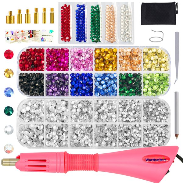 Bedazzler Kit with Rhinestones, Bedazzle Tool Gun, Hotfix Rhinestones Applicator for Clothing, Clothes, Fabric, Wood, Cardstock, Leather - 3400 Pcs Hot Fix Rhinestones 3mm 4mm 5mm SS10/SS16/SS20