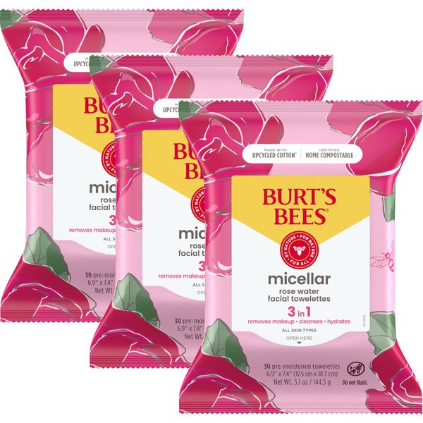 Burt's Bees Rose Water Face Wipes, for All Skin Types, College Back to School Dorm Essentials, Hydrating Micellar Makeup Remover & Facial Cleansing Towelettes, 30 Ct. (3-Pack)