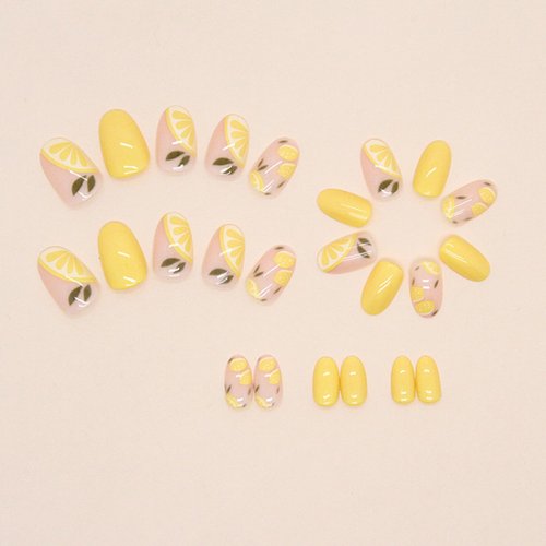 Acrylic Press on Nails Short Round Fake Nails with Lemon Designs Cute Nails Press ons Glossy Glue on Nails Artificial False Nails Yellow Full Cover Stick on Nails for Women 24Pcs