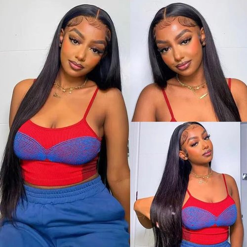 mdgfge Straight Lace Front Wigs Synthetic Hair Pre-Plucked Transparent Lace Frontal Wig Pre-Plucked Brazilian Virgin Human Hair Glueless Wigs for Women Natural Black(26Inch)