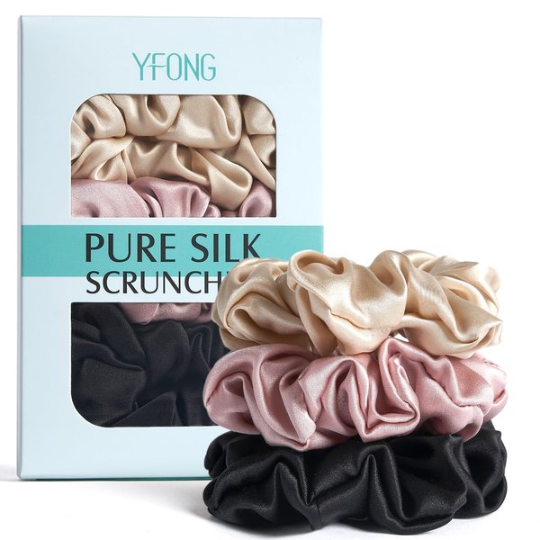 YFONG 3 PCS 100% Mulberry Silk Scrunchies for Women Girls, 22 Momme Soft Hair Ties for Frizz & Breakage Prevention, Elastic Ponytail Holders Gentle And No hurt, (Pink+Black+Champagne)