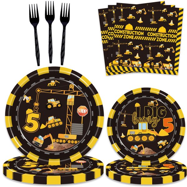 80 Pcs Construction 5th Birthday Party Supplies Dump Truck Theme Five Decorations Tableware Includes Plates, Napkins, Forks for Boys Construction Five Years Old Birthday Party Decorations Favors