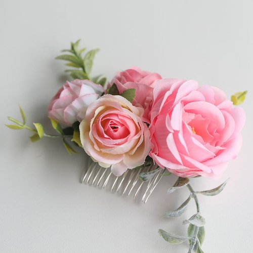 Fangsen Wedding Boho Pink Rose Buds Flower Hair Clips Floral Comb With Hair Piece and Hair Vines for Brides and Bridesmaids Silver