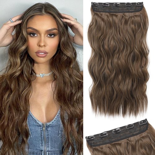 REECHO Clip in Hair Extensions, 20” One Piece Hair Extension Clip in Wefts Long Thick Beach Wavy Natural Soft Synthetic Hairpieces for Women, Ginger Brown