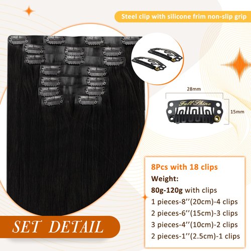 Full Shine Clip in Hair Extensions Human Hair Black Invisible Hair Extensions Clip in Real Human Hair Jet Black PU Weft Human Hair Clip in Extensions Full Head 18 Inch 8 Pcs 120g