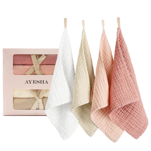 Ayesha 4 Pack Face Wash Cloths Makeup Eraser Soft Wash Cloth for Washing Face,Cotton Face Towels for Skin Care Women Facial Makeup Remover Reusable Absorbent Washcloths
