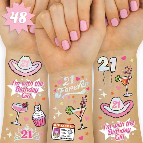 xo, Fetti 21st Birthday Party Decorations Temporary Tattoos - 48 pcs | Fun Bday Girl Party, Finally 21, RIP Fake ID, HBD, Disco Cowgirl Party, Twenty One Tiara