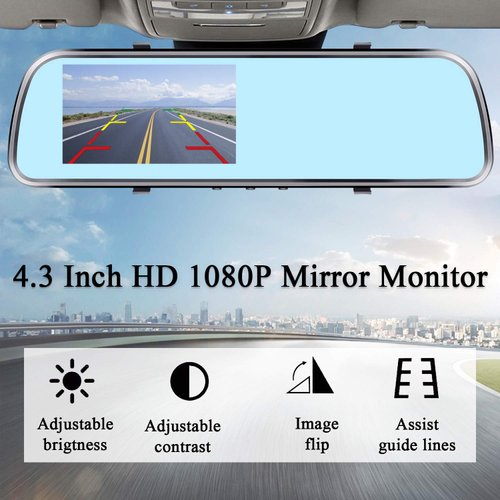 Backup Camera Mirror HD 1080P - Plug and Play Easy Set up Color Night Vision Rear View Mirror with License Plate Camera for Car Truck SUV Waterproof DIY Guide Lines AMTIFO A1