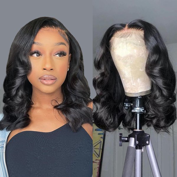 Douyin Bob Wig Human Hair 13x4 Frontal Lace Wig 14 Inch Body Wave 180% Density HD Lace Front Wigs Human Hair Pre Plucked Glueless Bob Wigs for Women Human Hair Wigs (14 inch, Natural Black)