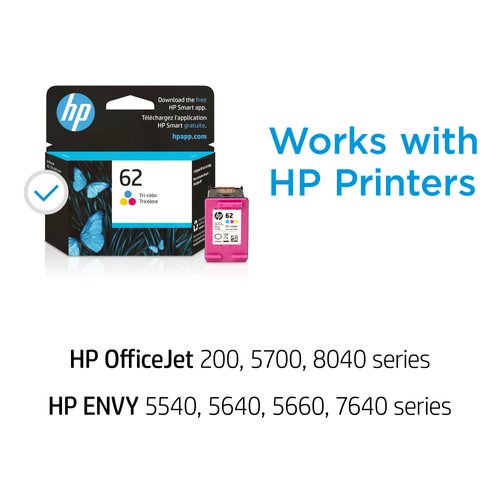 HP 62 Tri-color Ink Cartridge | Works with HP ENVY 5540, 5640, 5660, 7640 Series, HP OfficeJet 5740, 8040 Series, HP OfficeJet Mobile 200, 250 Series | Eligible for Instant Ink | C2P06AN