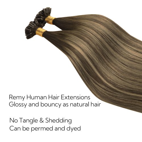 HOTBANANA U Tip Hair Extensions Human Hair, 22 Inch 50g 50s Balayage Chocolate Brown to Honey Blonde Pre Bonded U Tip Extensions Hot Fusion Keratin Utip Hair Extensions Straight K Tip Hair Extensions