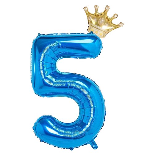 5 Number Balloon Blue 40 inch Big Foil Crown Helium 5th Balloons for 5 Year Old Boy Girl Birthday Party Decorations Wedding Anniversary Events Supplies