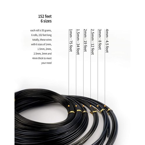 MoHern Bonsai Wire, 6 Sizes of 1mm, 1.5mm, 2mm, 2.5mm, 3mm, 4mm Black Aluminum Wire, Total 152 Feet Bonsai Tool Kit, 300 Grams Bonsai Tree Wire for Bonzai Trees Indoor