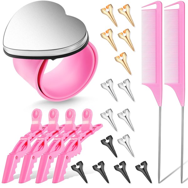 22 Pieces Magnetic Wrist Sewing Pincushion Hair Braiding Tools Pin Wristband Stainless Steel Pintail Rat Tail Comb Wide Teeth Alligator Sectioning Hair Clip Hair Parting Ring Tool for Hair (Pink)