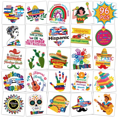 Konsait 96Pcs Hispanic Heritage Month Temporary Tattoos, Pre-Cut Hispanic Heritage Month Decorations Tattoos Stickers Party Supplies, Spanish Latino Heritage Month Party Decorations