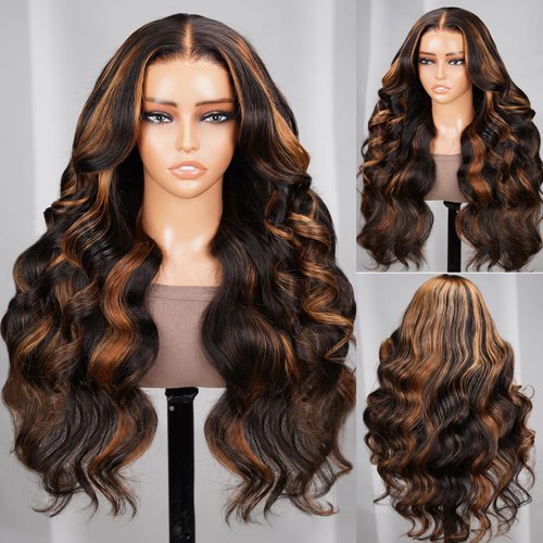 Arabella 13x4 Glueless Lace Front Wigs Human Hair 210% Density Real Pre Bleached Tiny Knots 1B/30 Highlight Ombre Lace Front Wig Human Hair HD Transparent Lace Front Wig (24inch, 13x4 1B/30 Body Wave)