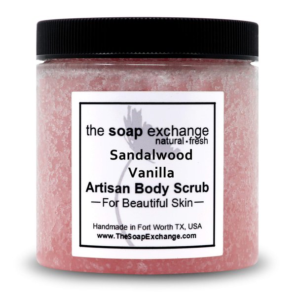 The Soap Exchange Sea Salt Body Scrub - Sandalwood Vanilla Scent - Hand Crafted 8 fl oz / 240 ml Natural Artisan Skin Care, Shea Butter, Exfoliate, Moisturize, & Protect. Made in the USA.