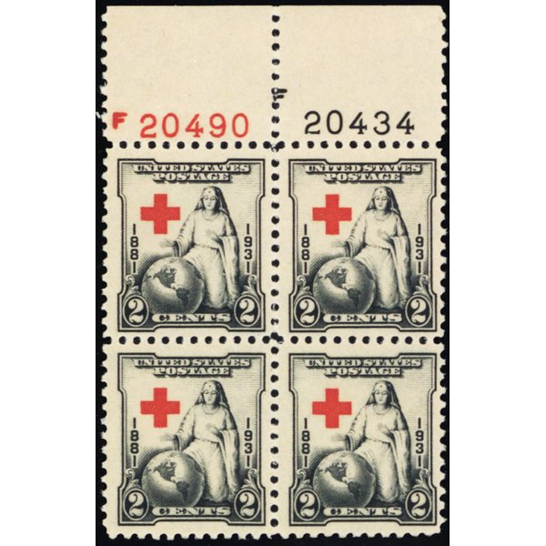 1931 2 Cent Red Cross Issue Mint Never Been Hinged Stamp Plate Number Block of Four Stamps Scott 702