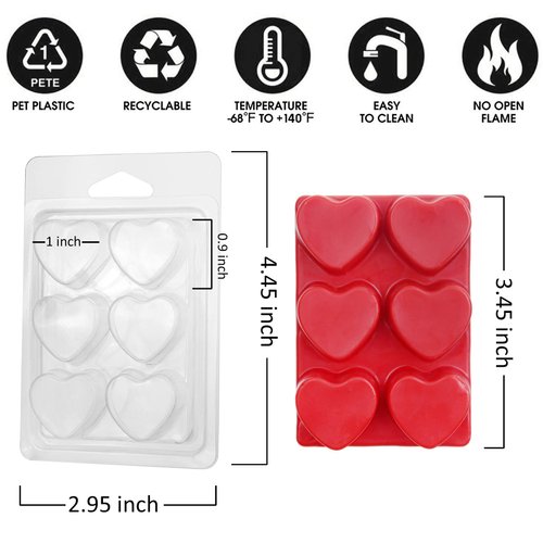 MILIVIXAY Wax Melt Containers-6 Cavity Clear Empty Plastic Wax Melt Molds-25 Packs Heart Shape Clamshells for Tarts Wax Melts.