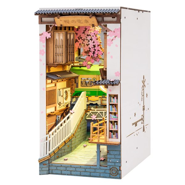 Rolife DIY Book Nook Kit 3D Wooden Puzzle for Adults 8.7" Bookshelf Indert Decor with LED Miniature Dollhouse Kit Bookend Crafts Diorama Hobbies Gifts for Boys Girls (Sakura Densya)
