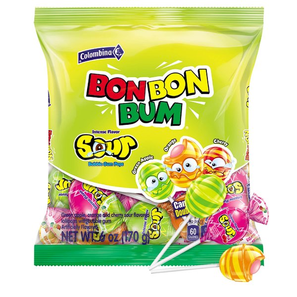 Colombina Bon Bon Bum Lollipops w/Bubble Gum Center - Assorted Sour Candy Pack - Green Apple, Orange and Cherry Flavors -6 oz bag (10 count) - 1 Pack