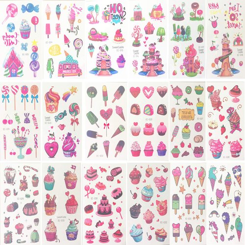 Oexper 18 Sheets of Dessert Temporary Tattoos Cartoon Rainbow Ice Cream Lollies Cookie Cake Heart Tattoo Stickers for Girls Boys Kids Adults – Great for Birthday Party Sweet Summer Party Supplies
