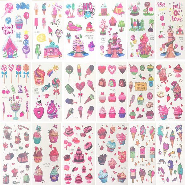 Oexper 18 Sheets of Dessert Temporary Tattoos Cartoon Rainbow Ice Cream Lollies Cookie Cake Heart Tattoo Stickers for Girls Boys Kids Adults – Great for Birthday Party Sweet Summer Party Supplies