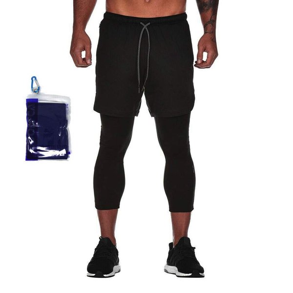 Men Pants Shorts Leggings Fashion Workout Running Basketball Sports Fitness with Inside Pocket with Cooling Towel Bundle (XXL) Black