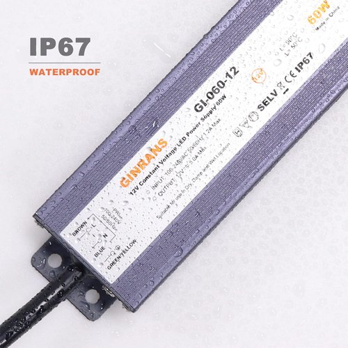 GINRANS 60W IP67 Waterproof LED Power Supply, Universal Input AC100-240VAC with Plug, 12V DC 5A Max. Constant Voltage Output LED Transformer Driver for Outdoor LED Lights