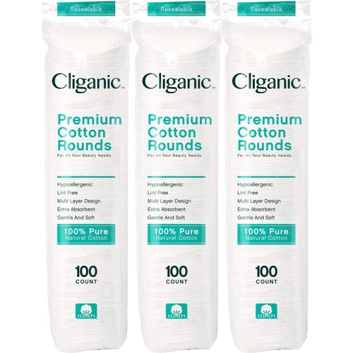 Cliganic Premium Cotton Rounds for Face (300 Count) - Makeup Remover Pads, Hypoallergenic, Lint-Free | 100% Pure Cotton