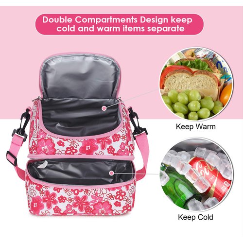 MIER 2 Compartment Kids Small Lunch Box Bag for Boys Girls Toddlers, Adult Leakproof Cooler Insulated Lunch Tote with Shoulder Strap (Pink Flower)