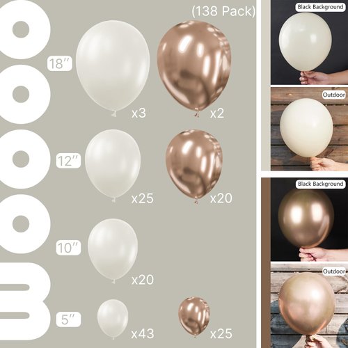 PartyWoo Retro White Balloons, 138 pcs Champagne Gold and White Sand Balloons Different Sizes Pack of 18 Inch 12 Inch 10 Inch 5 Inch for Balloon Garland Arch as Birthday Decorations, Party Decorations