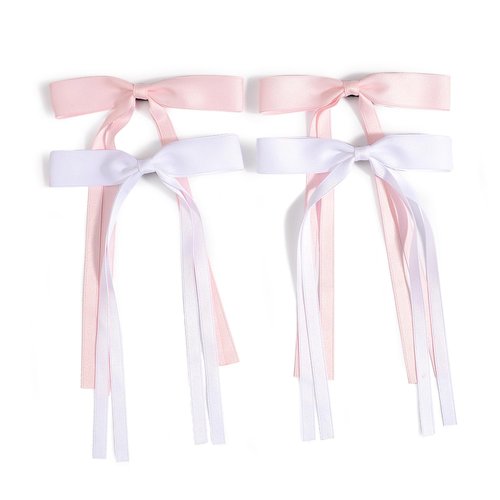 Parcce 4 PCS Pink Hair Ribbon Bows For Hair Clips With Long Tail for Women Girl Teens Kids, Solid Holder Fashion Bow Bowknot Hair Accessories Headwear Barrettes Claw(Pink&White)