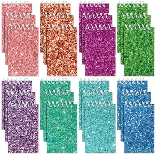 Glenmal 24 Pack Spiral Small Notebooks 3.9 x 2.4 Inch Prism Glitter Pocket Notepad Assorted Colors Mini Top Bound Memo Pad for Party Favor Gift Goodie Bag, 20 Pages Each (Solid Color)