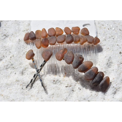 Genuine Surf Tumbled Brown Sea Glass Hair Clip Set - Includes 2 Hair Combs, 1 60 mm French Barrette, 2 Hair Pins