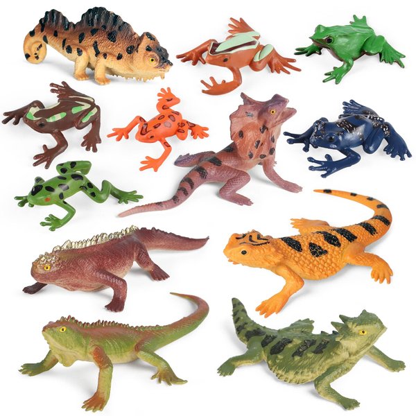 12PCS Reptile Lizard Animals Figures Mini Plastic Cold Blooded Amphibian Frog Toys Figurines Realistic Jungle Animals Chameleon Rainforest Character Toys for Prank Props School Project Easter Eggs