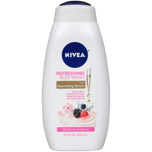 NIVEA Refreshing Wild Berries and Hibiscus Body Wash, Scented Body Wash with Nourishing Serum, Plant-Derived Oils, Essential Skin Lipids and Vitamins, 20 Fl Oz Bottle