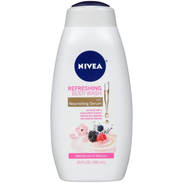 NIVEA Refreshing Wild Berries and Hibiscus Body Wash, Scented Body Wash with Nourishing Serum, Plant-Derived Oils, Essential Skin Lipids and Vitamins, 20 Fl Oz Bottle