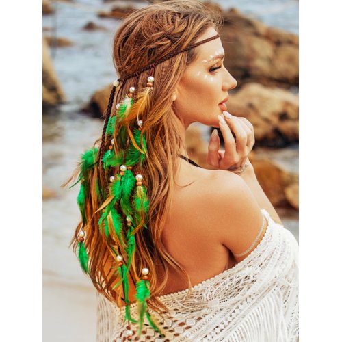 GENBREE Boho Feather Headbands Green Indian Headband Hippie Feather Headdress Adjustable Long Feather Hair Accessories for Women