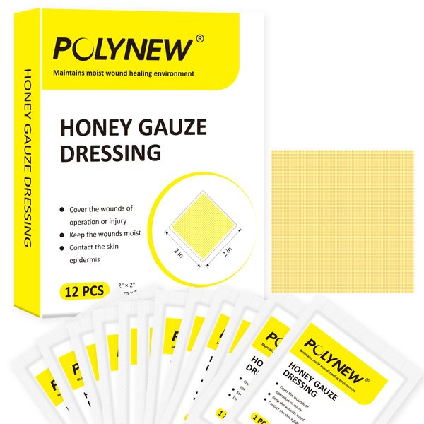 Polynew Manuka Honey Gauze Dressing, 2"x2"-12 Individual Package, Manuka Honey Wound Care Gauze for Ulcers, Bedsore, Burns, Abrasions and Cuts for Wound Healing Dressing