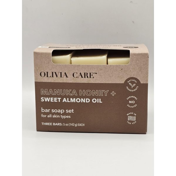Olivia Care Manuka Honey + Sweet Almond Bar Soap Set, 3 Bars 5 Oz Each, For All Skin Types, Made in USA
