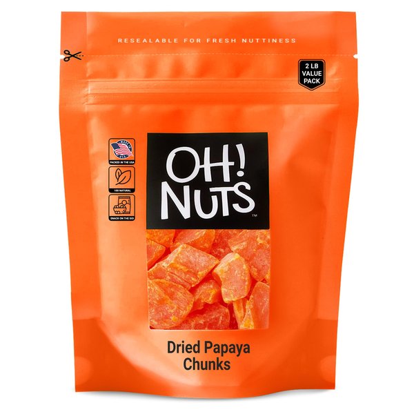 Oh! Nuts Dried Papaya Chunks | 2lb Bulk Bag of Diced Dry Pawpaw Tree Papaya Bites for Snacking & Baking | Light Sugar Coating, Low Sodium, Dairy Free, Low Cholesterol Low Fat & High Fiber Fruits