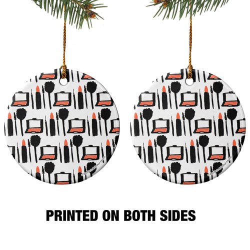 Makeup Lipstick Compact Eyeshadow Mascara Drawing Porcelain Holiday Christmas Tree Ornament - 2.8" (7.1 cm)