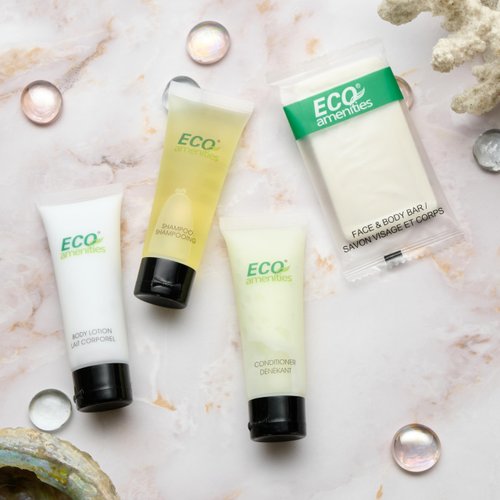 Eco Amenities - Set of 4 Bar Soaps, Shampoo, Conditioner, Body Lotion (1 oz 100 Piece Set - 25 Bar Soaps, 25 Shampoo, 25 Conditioner, 25 Body Lotion)